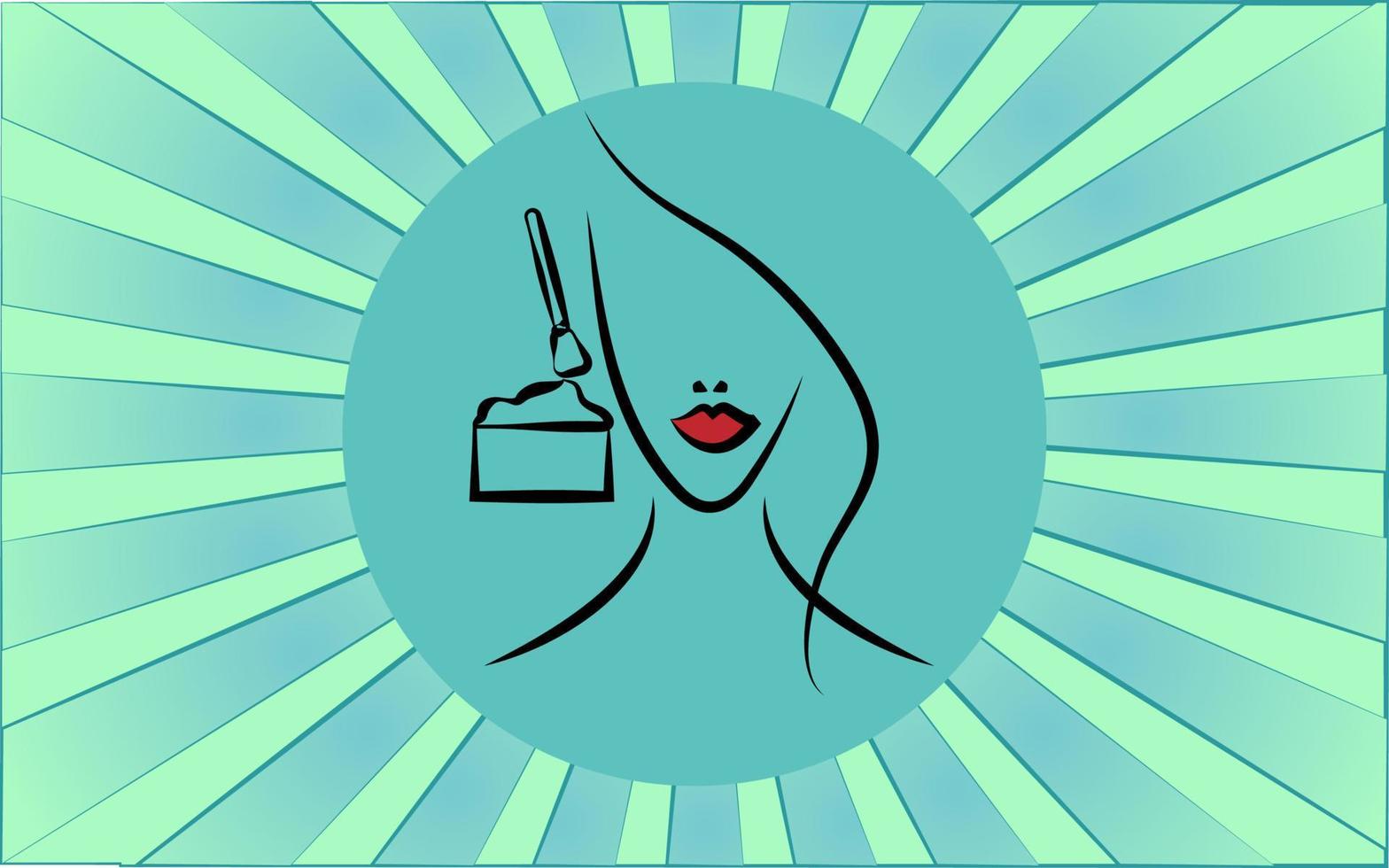 linjär runda ikon av en kvinna håller på med smink med kosmetika på en bakgrund av abstrakt blå strålar. vektor illustration