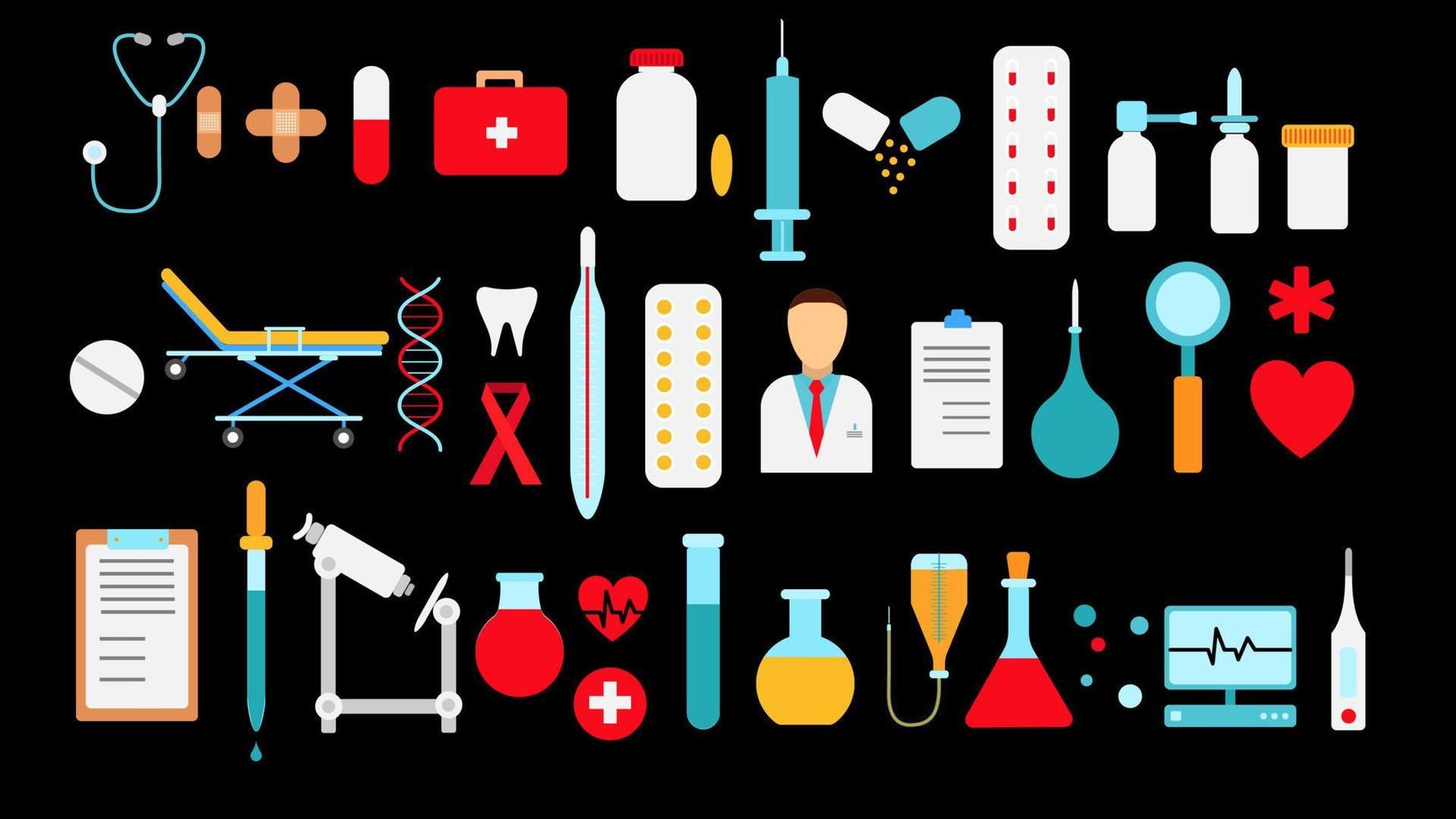 medizinische pharmazeutische große reihe von medizinischen artikeln, ausrüstung, symbolen auf schwarzem hintergrund pillen thermometer kapseln flaschen medikamente verbandskasten herzmikroskop. Vektor-Illustration vektor