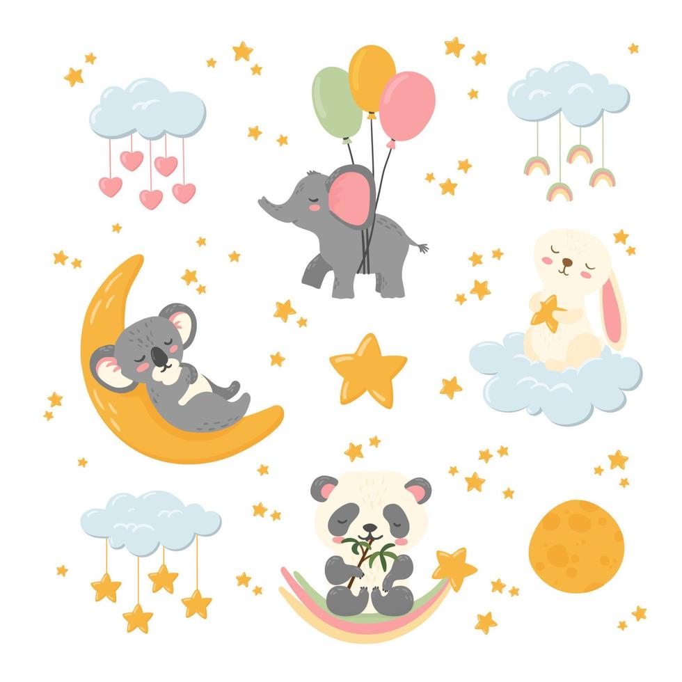 süße schlafende tiere gute nacht großes aufkleberset. Himmelskörper, Wolken, Sterne, Mond, Panda, Elefant, Hase und Koala. Kindergartenposter, Postkarte, Kinderdruck, Babyparty. Vektor-Illustration. vektor