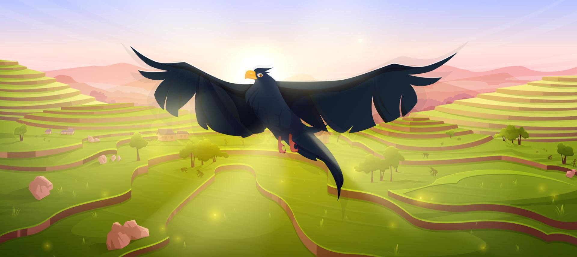 karikaturschwarzer adlervogel, der über reisterrassen fliegt vektor