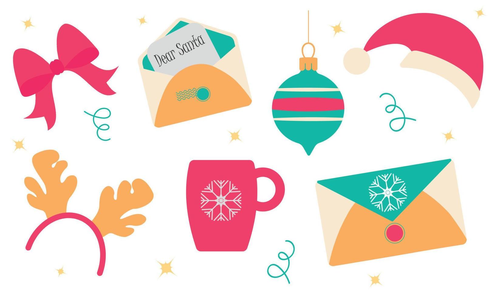 uppsättning jul. rosett, jul träd, brev, santa hatt, kopp. vinter, ny år. vektor