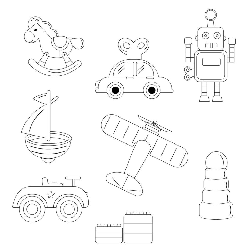 eine sammlung von kinderspielzeug umrissen. Auto, Roboter, Boot, Flugzeug vektor