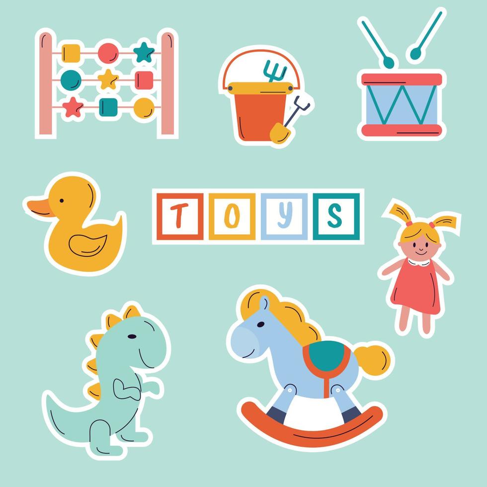 ein Satz Aufkleber für Kinderspielzeug. Pony, Puppe, Würfel, Ente, Dinosaurier, Trommel vektor