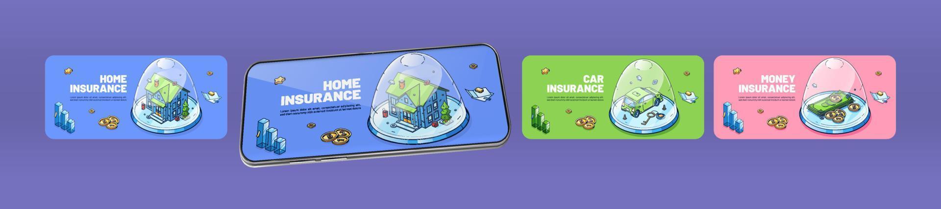 försäkring Hem, bil och pengar banderoller för telefon vektor