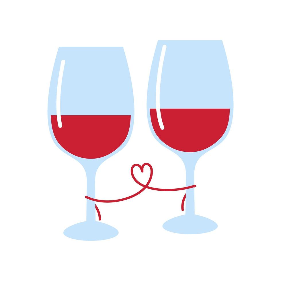 två glasögon med röd vin isolerat på vit bakgrund. kärlek, romantisk, hjärtans dag platt vektor illustration