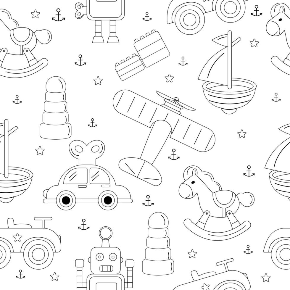 Muster von Kinderspielzeug in schwarzer Umrissfarbe. Vektorauto, Roboter, Boot vektor