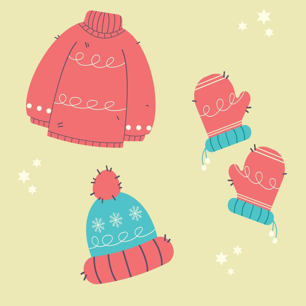 Winterkleidung. Pullover, Fäustlinge, Mütze, Socken in Blau und Rot vektor