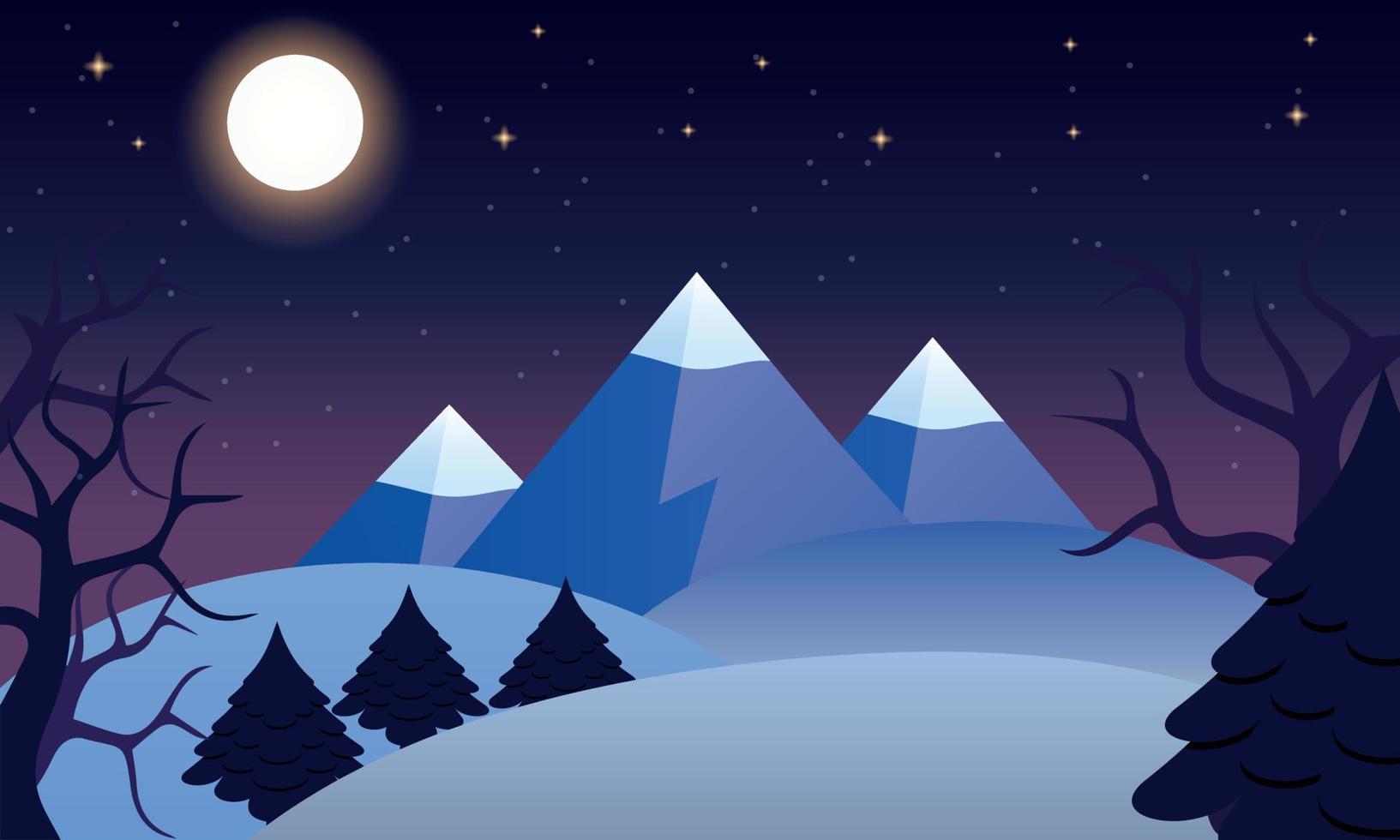 winternachtlandschaft mit bergen, weihnachtsbäumen, sternen, trockenen bäumen vektor