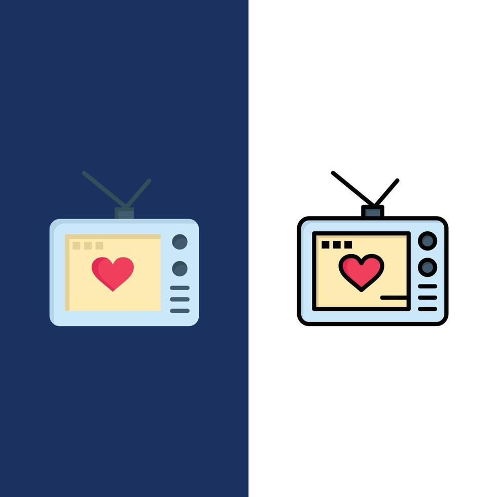 tv kärlek valentine film ikoner platt och linje fylld ikon uppsättning vektor blå bakgrund