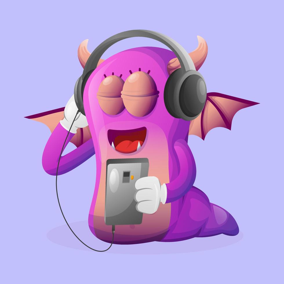 niedliches lila monster, das musik auf einem smartphone mit einem kopfhörer hört vektor
