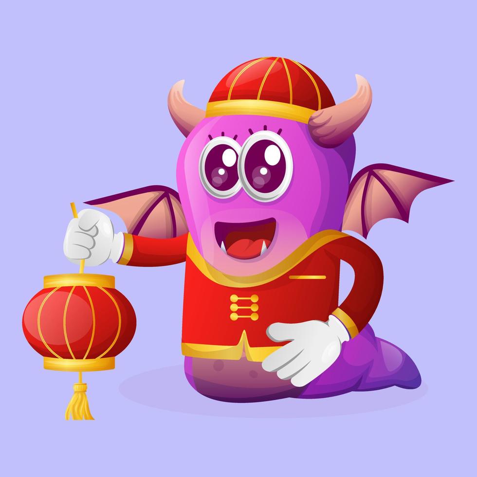 süßes lila monster feiert das chinesische neujahr vektor