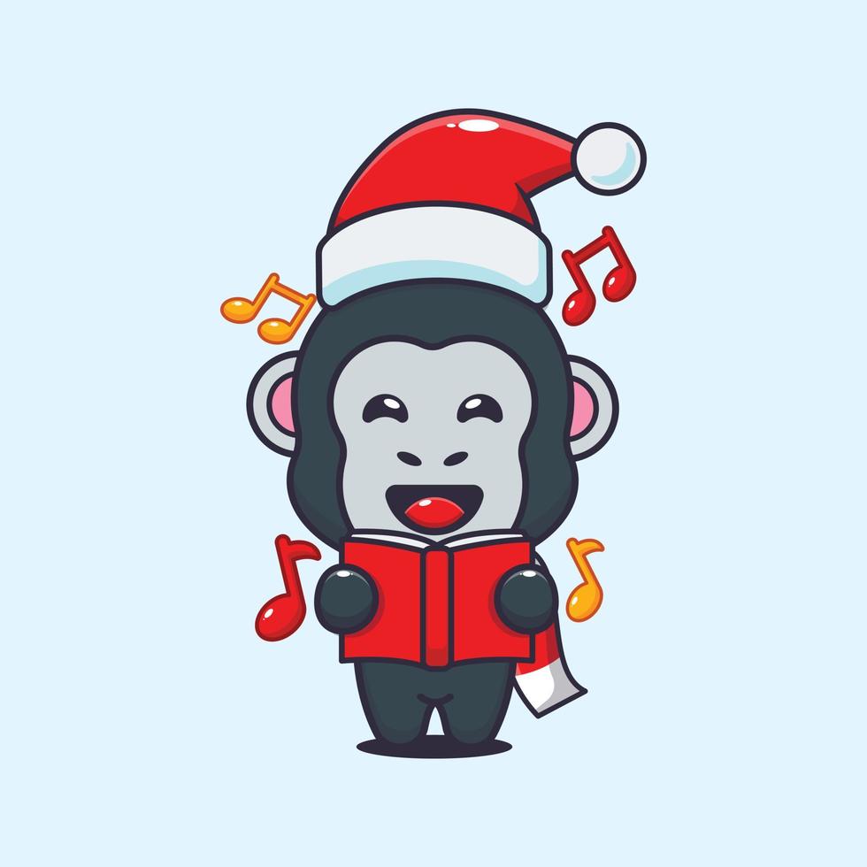 söt gorilla sjunga en jul låt. söt jul tecknad serie illustration. vektor