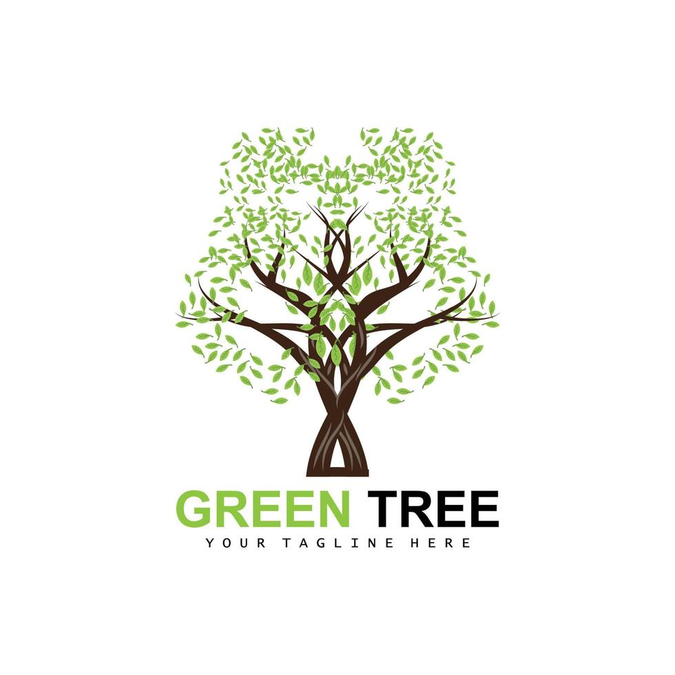 Baumlogo, grüne Bäume und Holzdesign, Waldillustration, Baumkinderspiele vektor