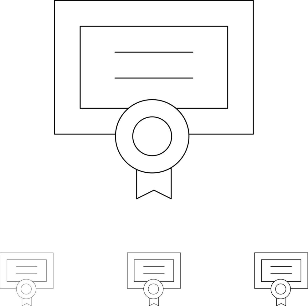 Auszeichnung Zertifikat Grad Diplom Fett und dünne schwarze Linie Symbolsatz vektor