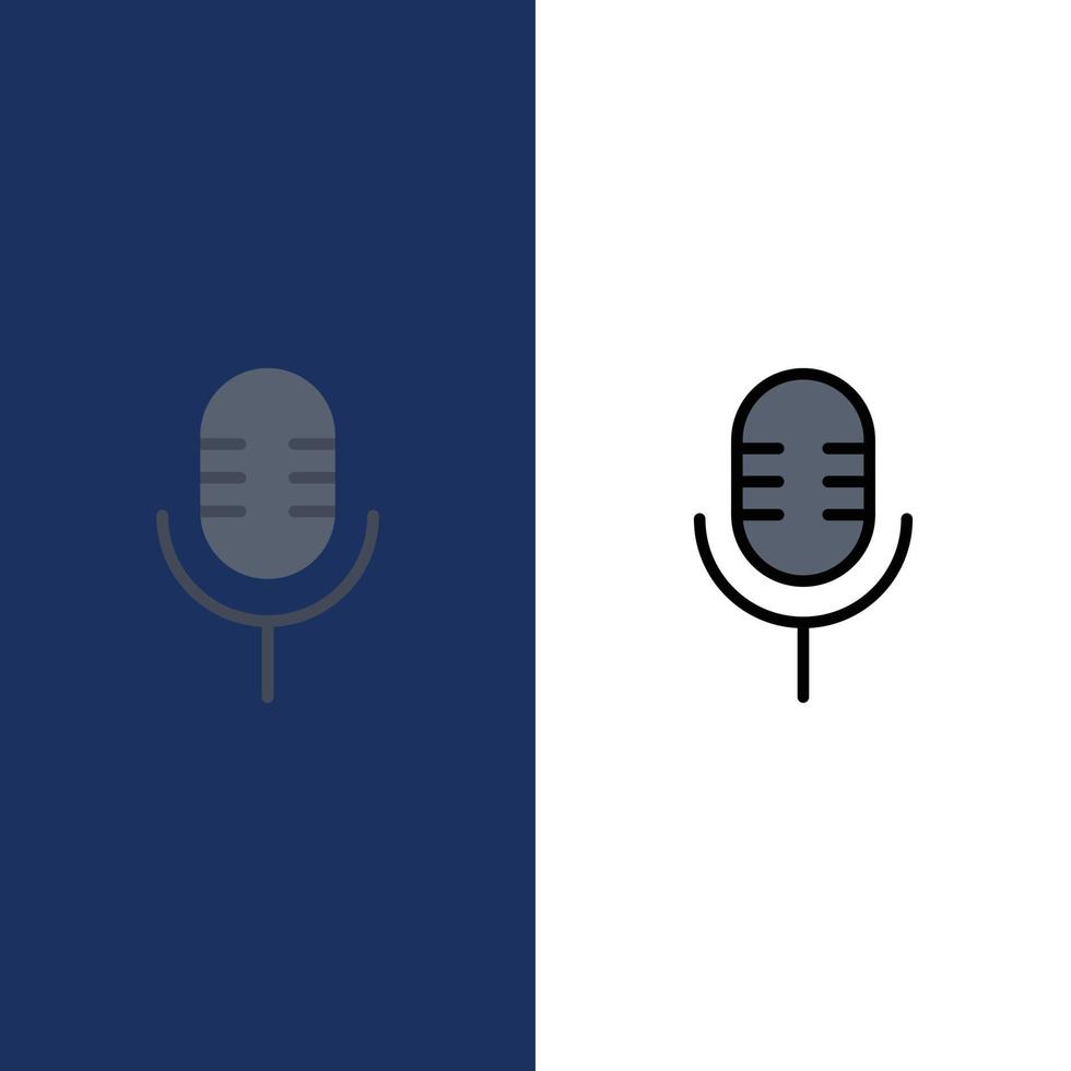 Mikrofon-Mikrofon-Soundshow-Symbole flach und mit Linien gefüllter Symbolsatz Vektor blauer Hintergrund