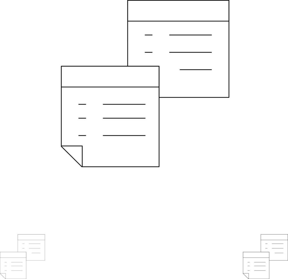 klebrige dateien notizen büroseiten papier fett und dünne schwarze linie symbolsatz vektor