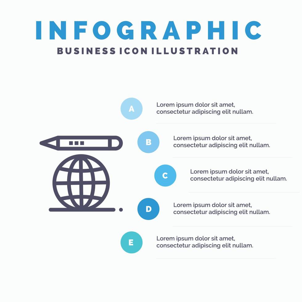 värld utbildning klot penna blå infographics mall 5 steg vektor linje ikon mall