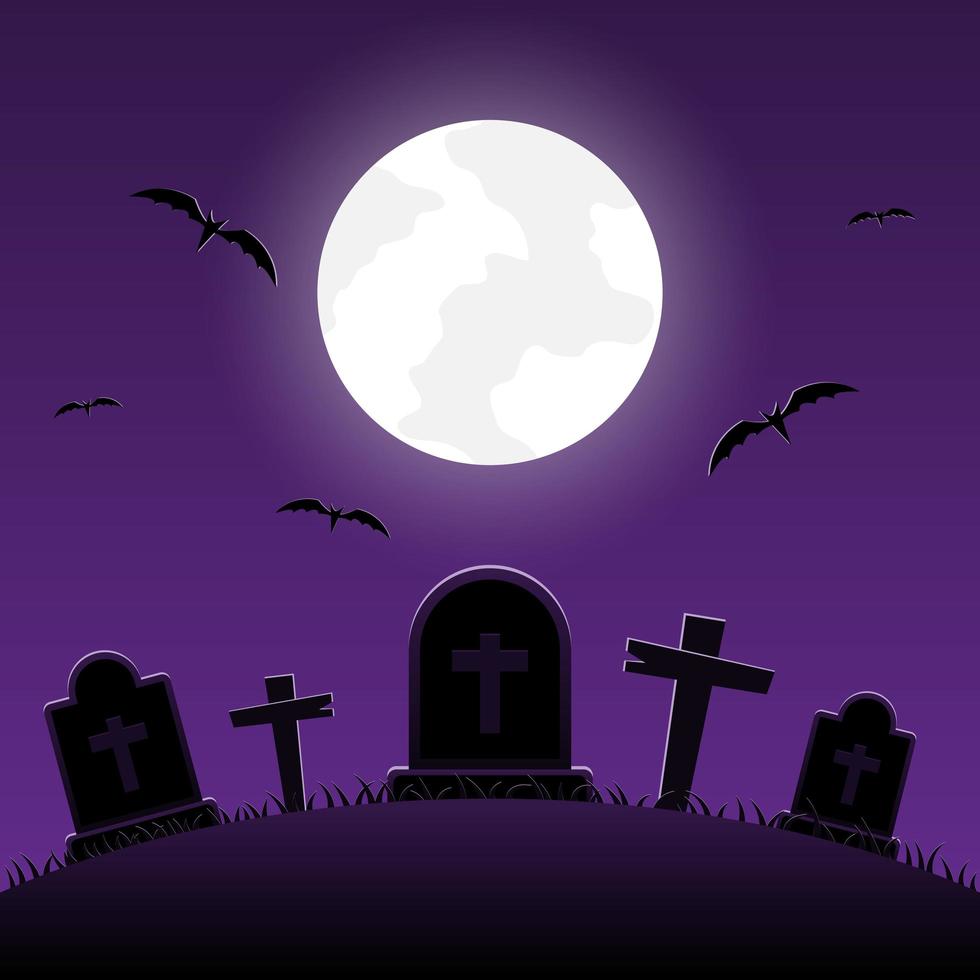 Halloween Nacht, Friedhof mit Kreuz im Mondlicht vektor
