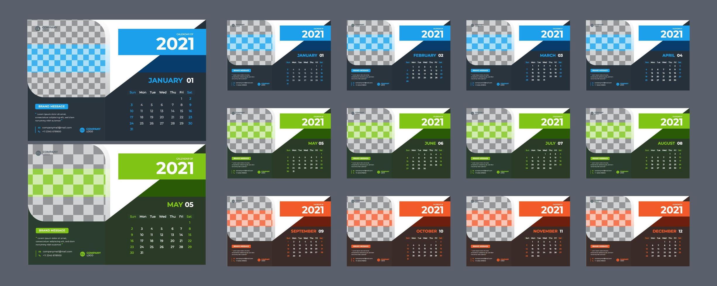 modern 3-färgs skrivbordskalender för 2021 vektor