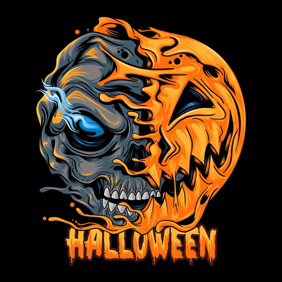 halloween halv pumpa halv skalle design vektor