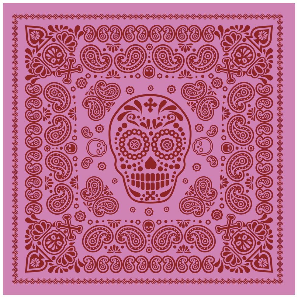 rosa, rotes Bandana-Muster mit Schädel und Paisley vektor