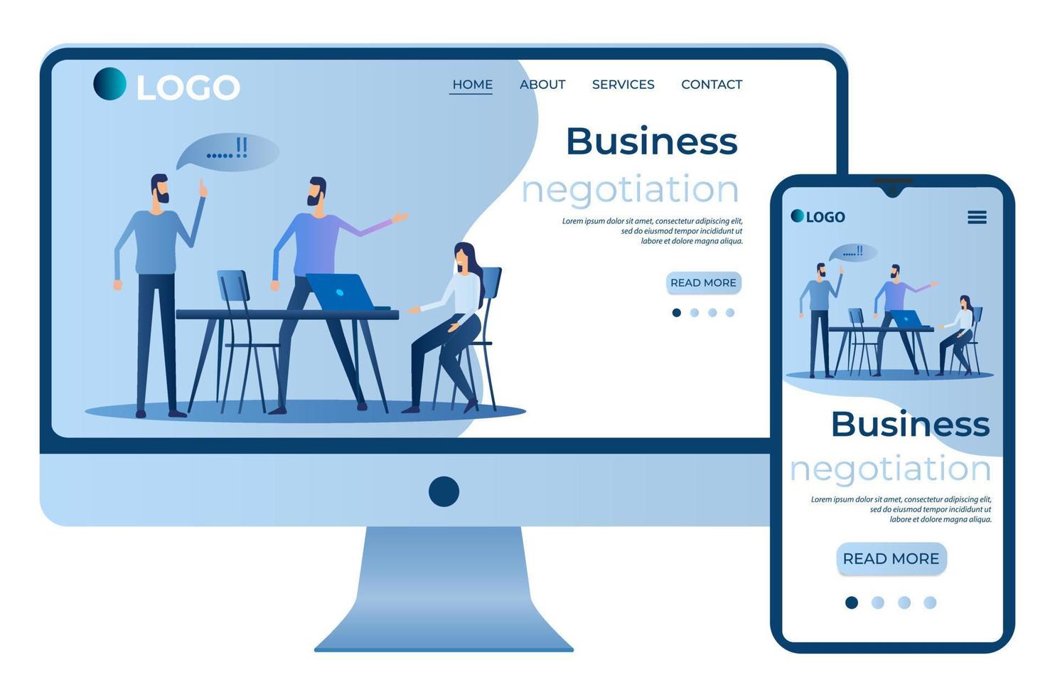 geschäftsverhandlungen.planung und lösung von aufgaben.menschen am schreibtisch .site-vorlage, zielseitenkonzept.das adaptive design.der bildschirm des smartphones und des computer. vektor