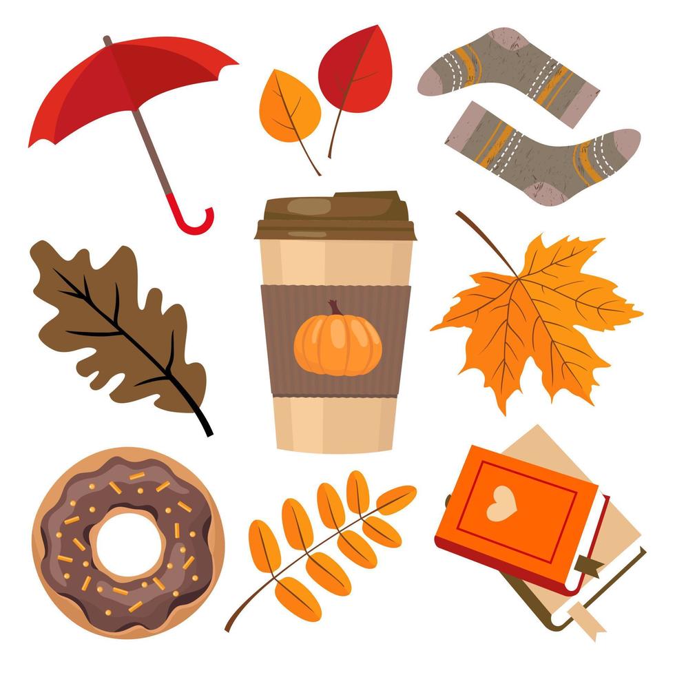 Herbst-Elemente-Set - Kaffee-Pappbecher. Regenschirm, Donut mit Streuseln, Stapel Bücher, Blätter. vektor
