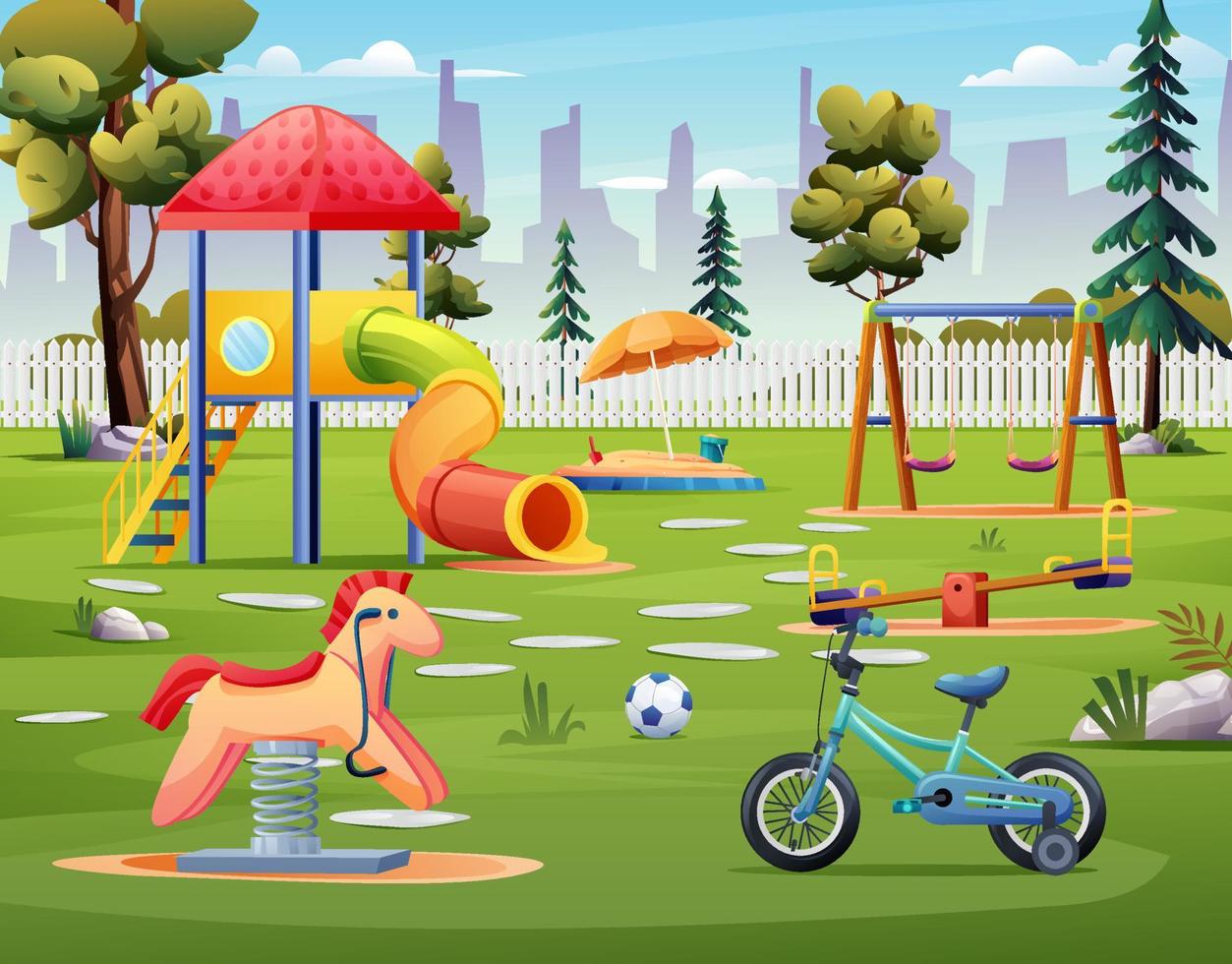 kinderspielplatz mit röhrenrutsche, schaukel, fahrrad und wippenkarikaturillustration vektor