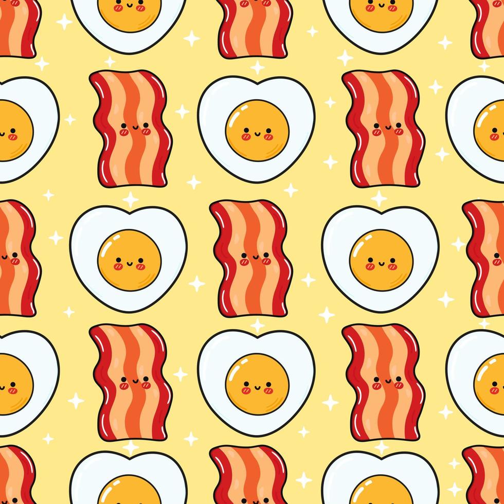 mönster bacon och friterad ägg. vektor hand dragen klotter stil tecknad serie karaktär illustration ikon design. mönster bacon och friterad ägg vänner begrepp