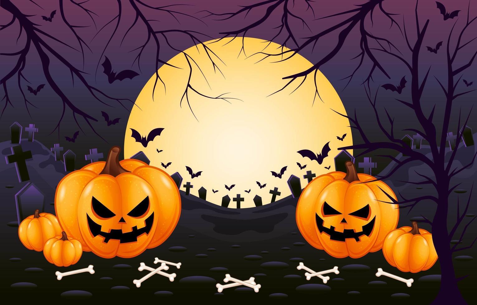 Horror und gruseliger lila Friedhof Halloween Hintergrund vektor