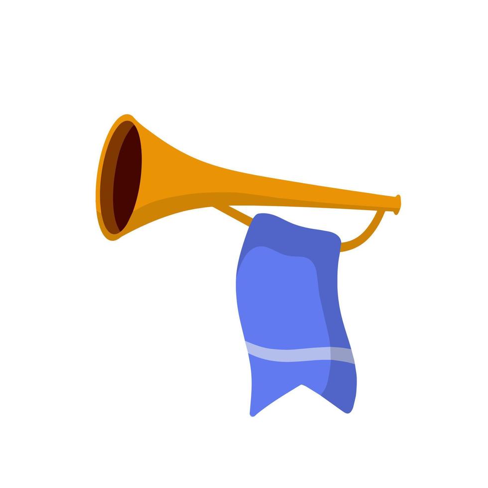 musikalisk instrument. trumpet. gyllene horn med flagga. högtidlig händelse. element av firande och utmärkelser. ljud och melodi. platt tecknad serie illustration vektor