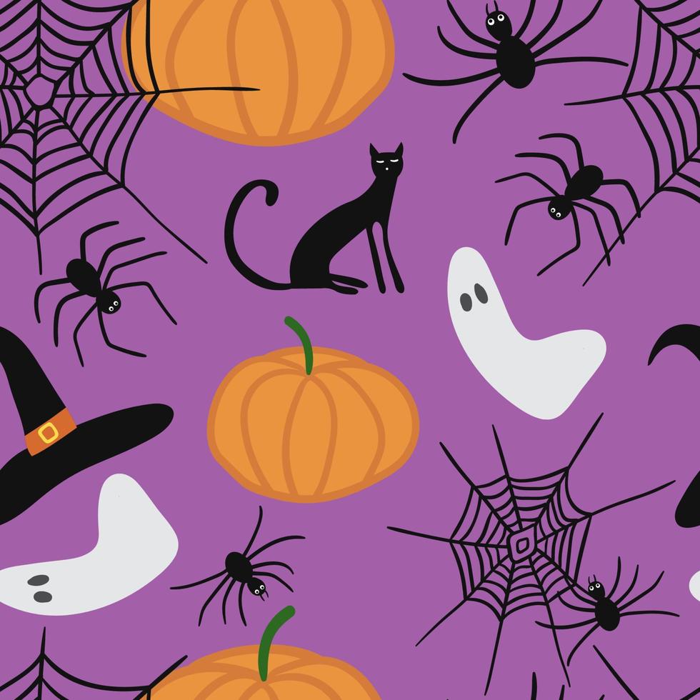 niedliches nahtloses muster halloweens. Vektor beängstigende Elemente, Katze, Spinne, Spinnennetz, Geist, Kürbis Hexenhut isoliert auf lila Hintergrund. design für halloween-dekor, textilien, geschenkpapier, tapeten.