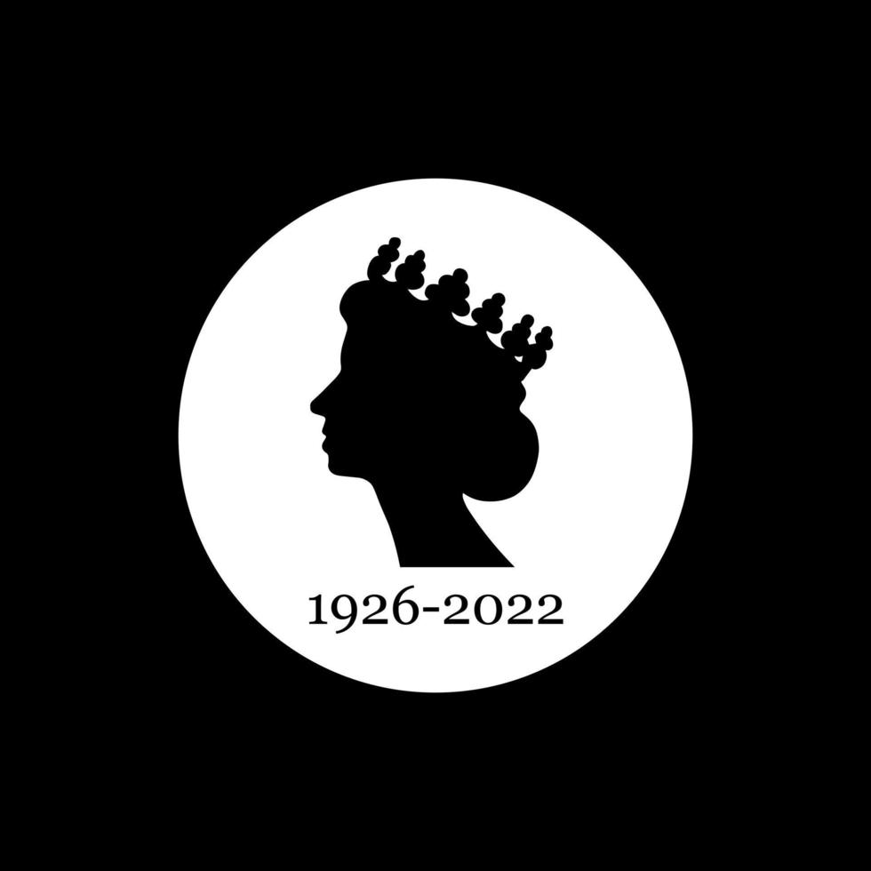 schwarz-weiße silhouette der königin elizabeth tradition illustration. seitenansicht königin elizabeth 2 trägt krone. Vektorgrafik mit Daten von 1926 bis 2022. vektor