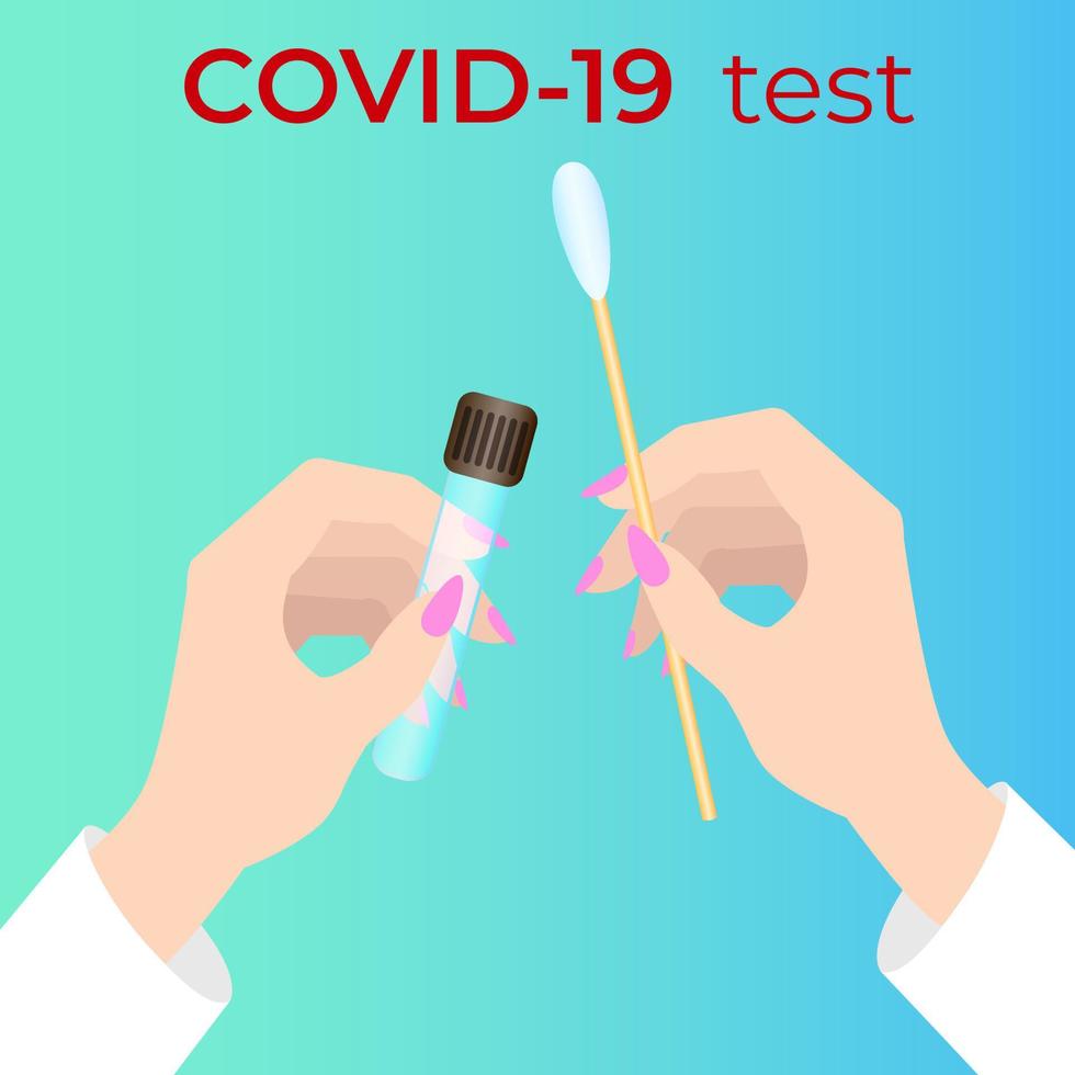 hände eines arztes, der eine laboranalyse durchführt, um covid-19 zu erkennen. erkennung von coronavirus und testung von patienten. covid-19 test. flache vektorillustration. vektor