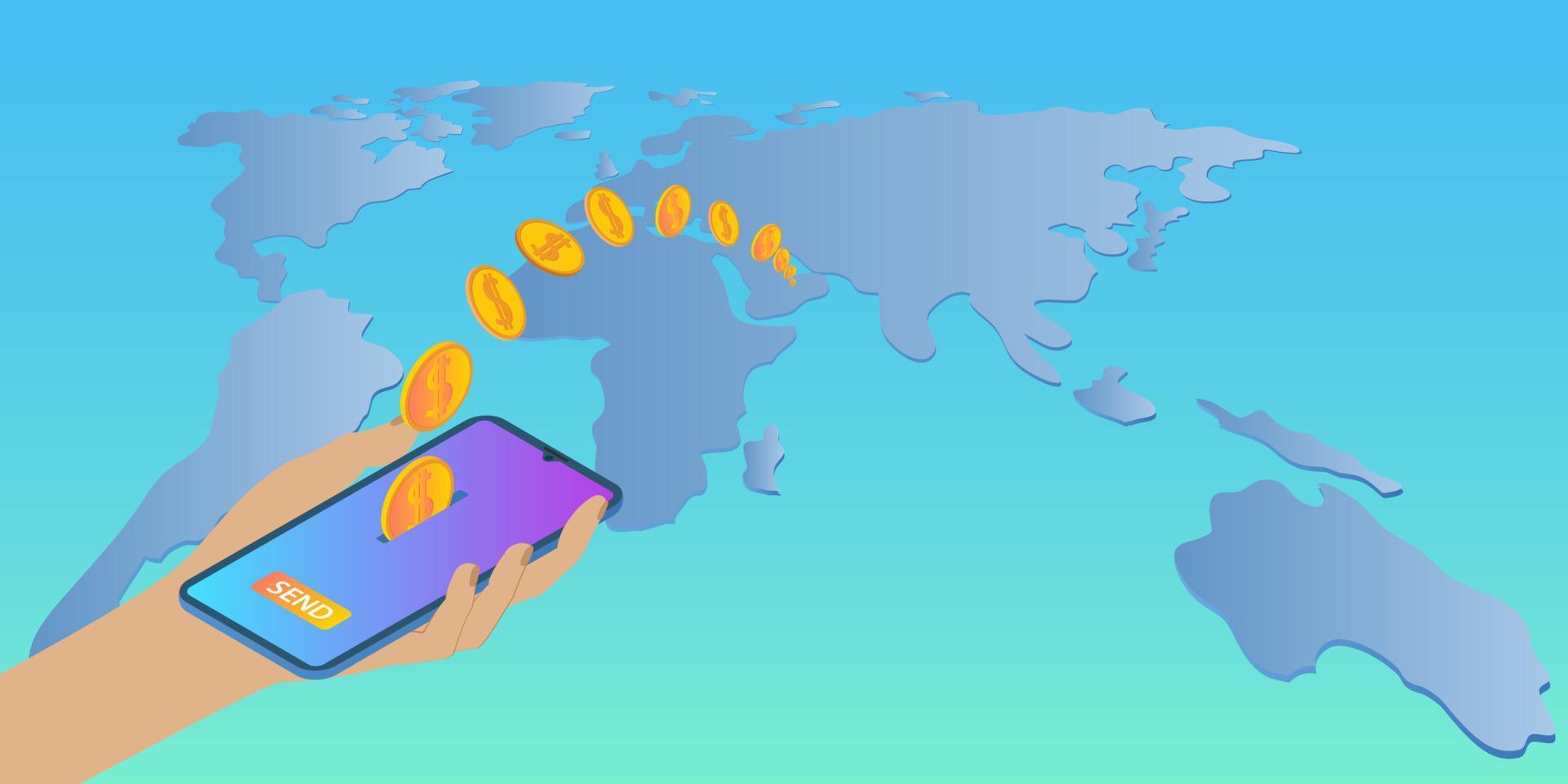 Online-Geldüberweisungen. Eine Person verwendet ein Smartphone, um Geld um die Welt zu senden. hand und smartphone auf dem hintergrund einer großen karte der world.vector illustration. vektor