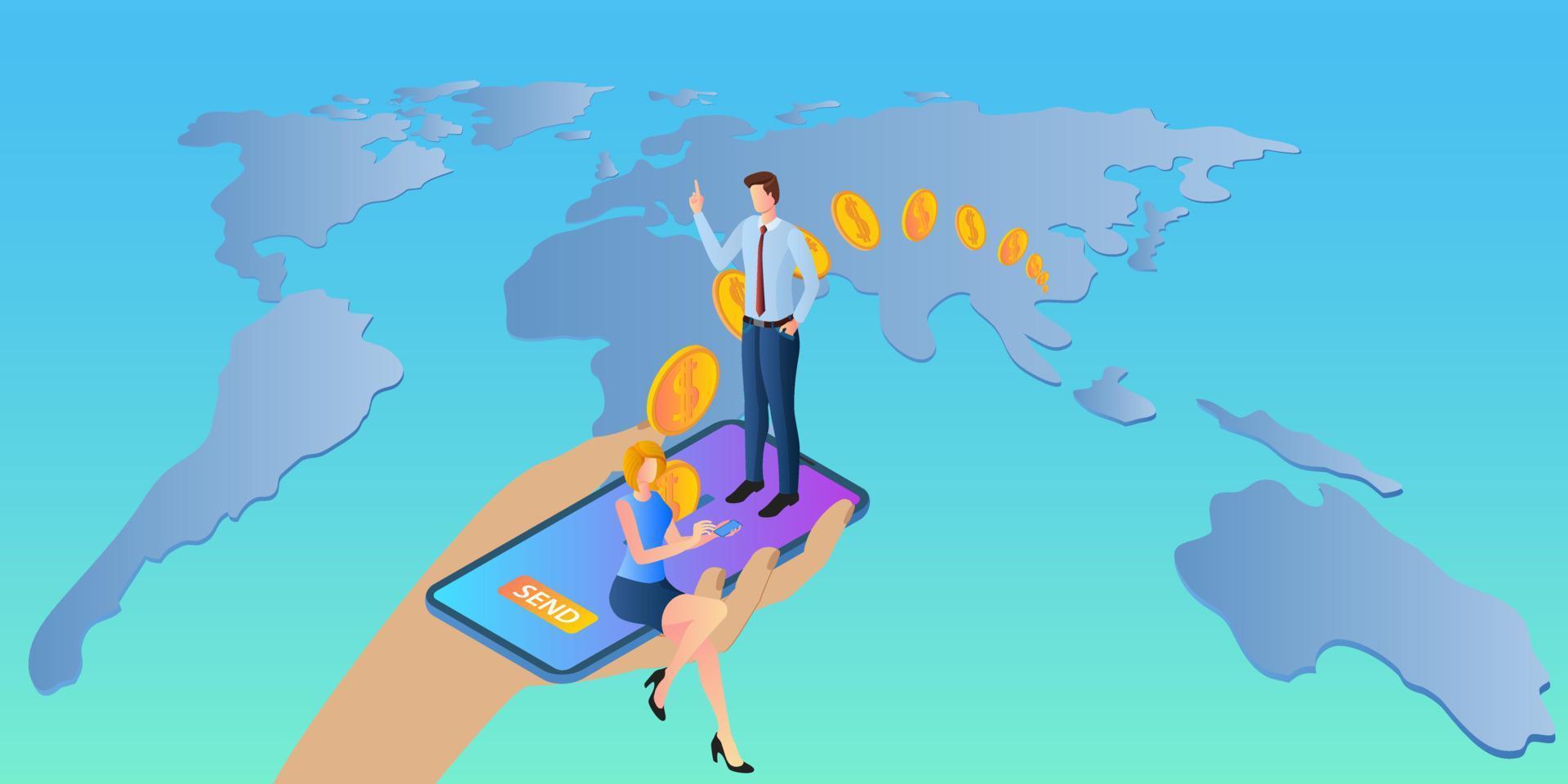 Online-Geldüberweisungen. Menschen verwenden ihre Smartphones, um Geld in die ganze Welt zu senden. hand und smartphone auf dem hintergrund einer großen karte der world.vector illustration. vektor