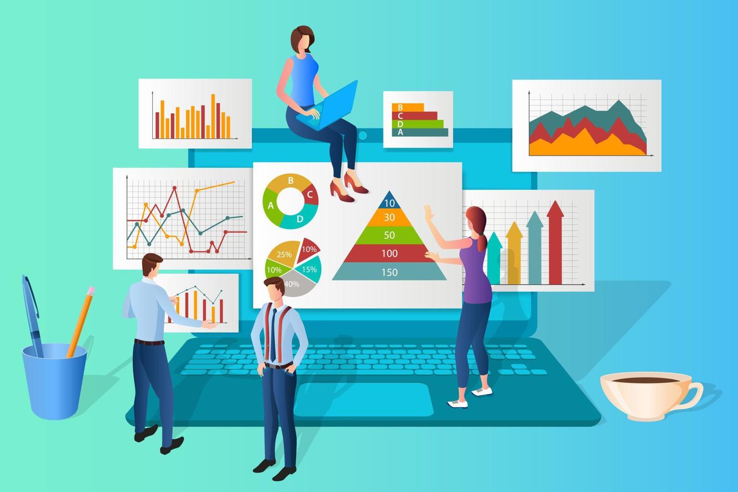 geschäftsleute studieren die infografik auf dem laptop. das konzept der teamarbeit, der einsatz moderner technologie. elektronisches lernwebinar für studenten. online-videotraining. isometrische illustration vektor