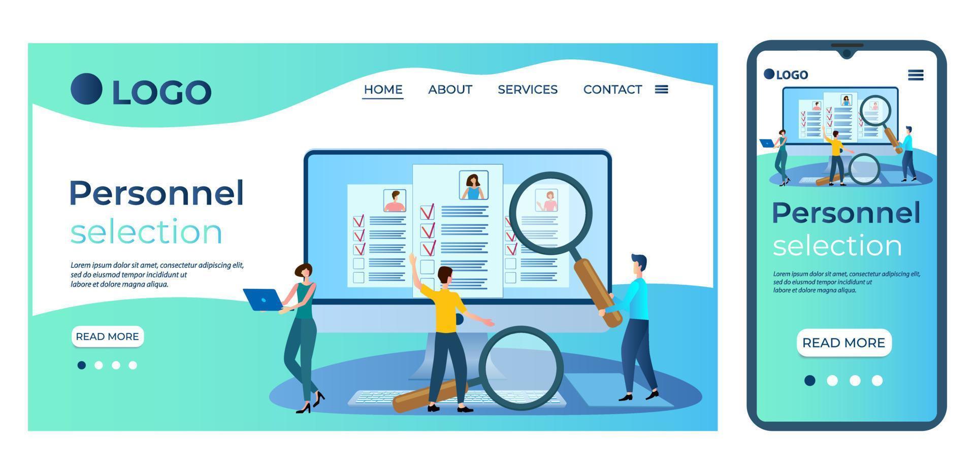 personalauswahl.das konzept einer arbeitsvermittlungsagentur.rekrutierungsagentur.leute auf der großen leinwand studieren lebensläufe.die vorlage der landingpage.flache vektorillustration vektor