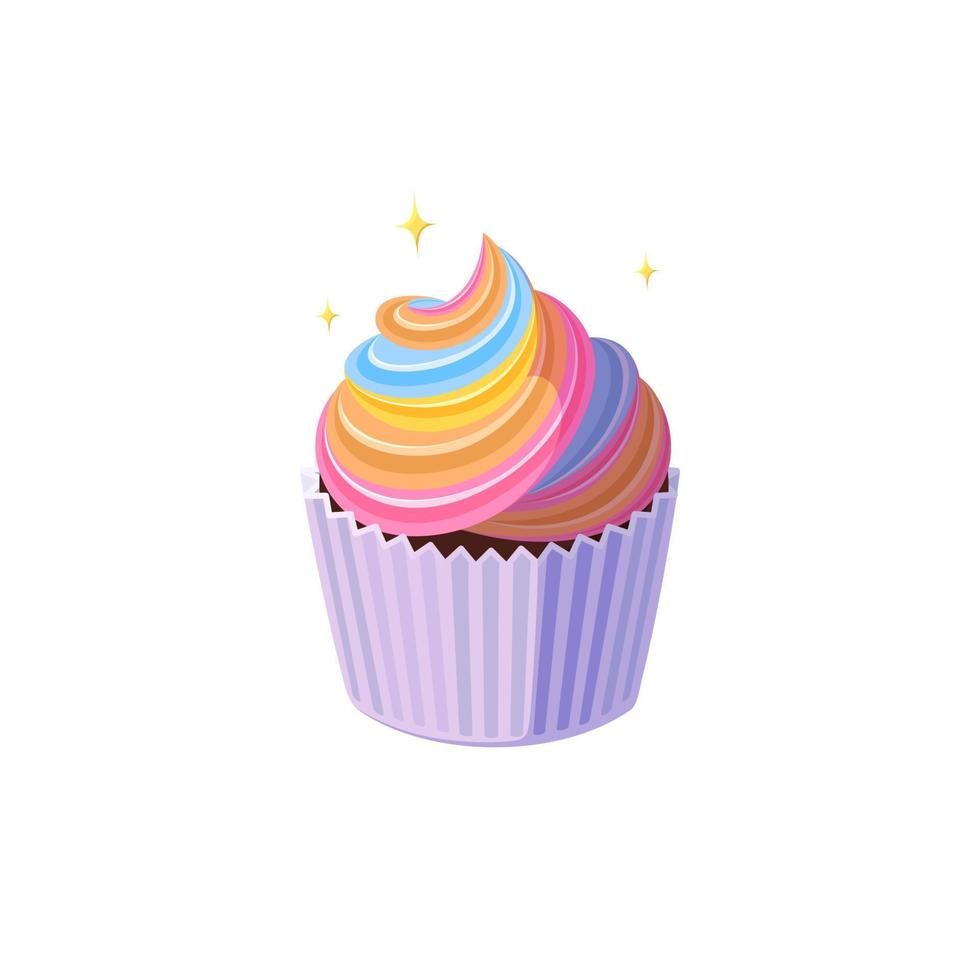 Regenbogen-Cupcake mit bunter Glasur. leuchtender feenkuchen im pappbecher. Leckeres Dessert mit regenbogenfarbenem Zuckerguss. vektorillustration im niedlichen karikaturstil vektor