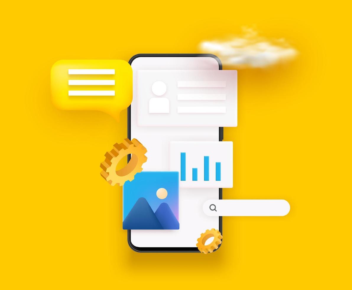 3D-UI- und UX-Design. nützliches app-design und mobile app-schnittstellenvektorillustration. 3D-Vektorhintergrundillustration. vektor