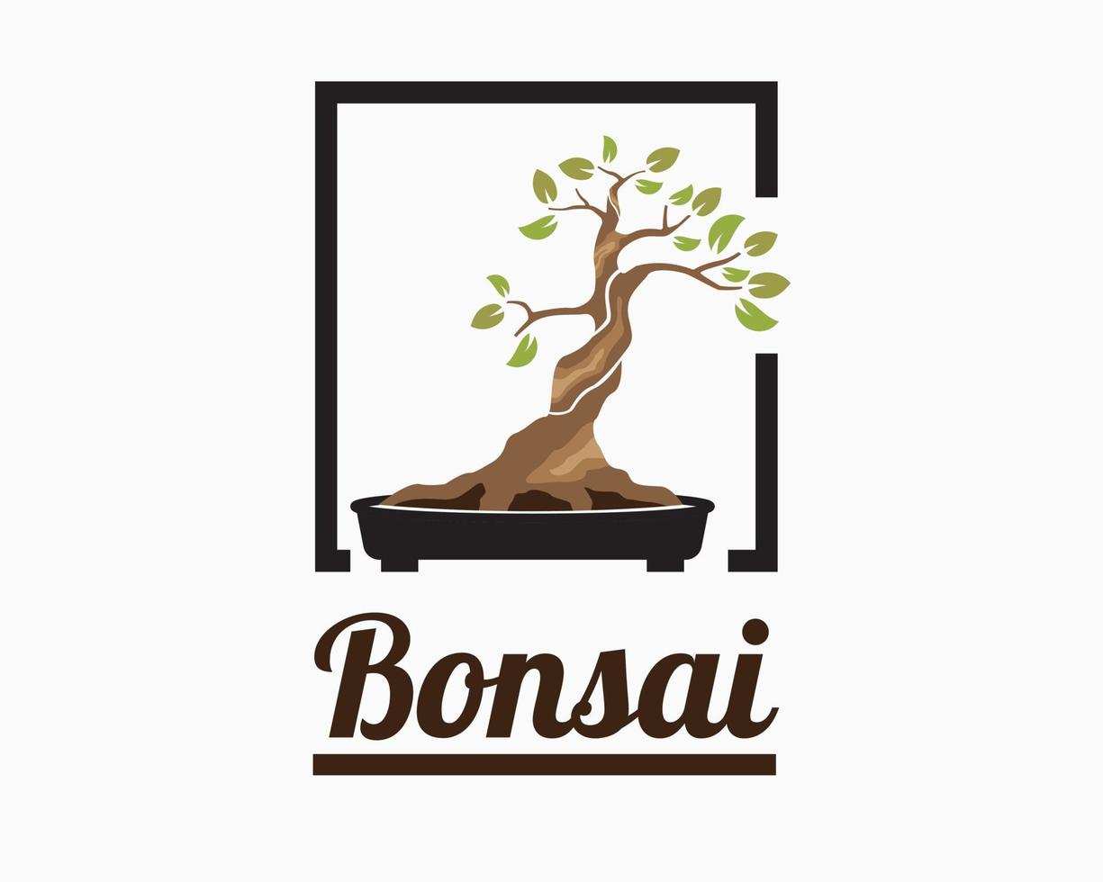 orientalisk bonsai logotyp design. japansk mini små växt träd på pott. bonsai träd illustration vektor