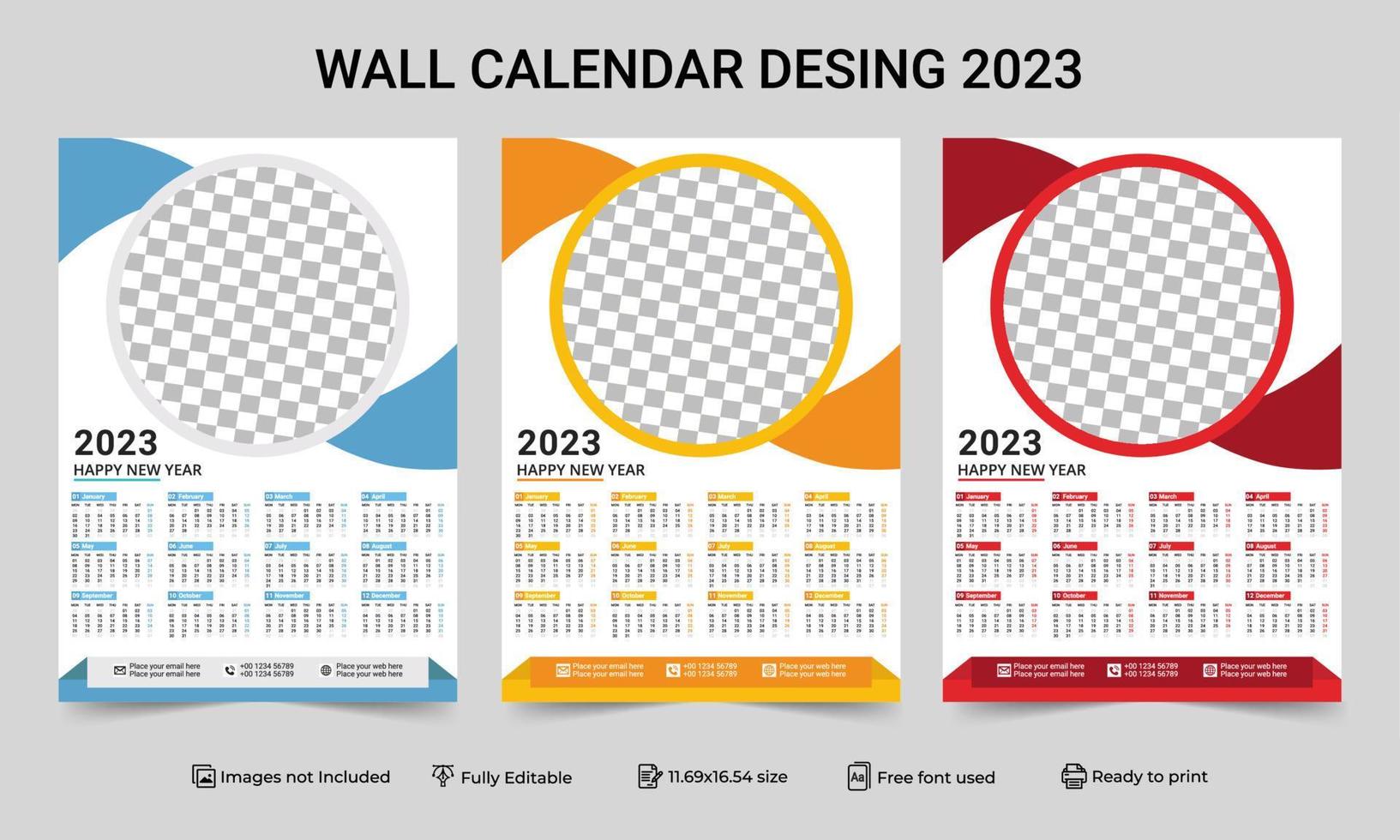 1 Seite Wandkalender 2023 Vorlage mit 3 Farbvariationen. Drucken Sie eine Seite Wandkalender-Vorlagendesign für 2023. 2023-Kalenderjahr-Vektorillustration. einseitiger Wandkalender 2023 vektor