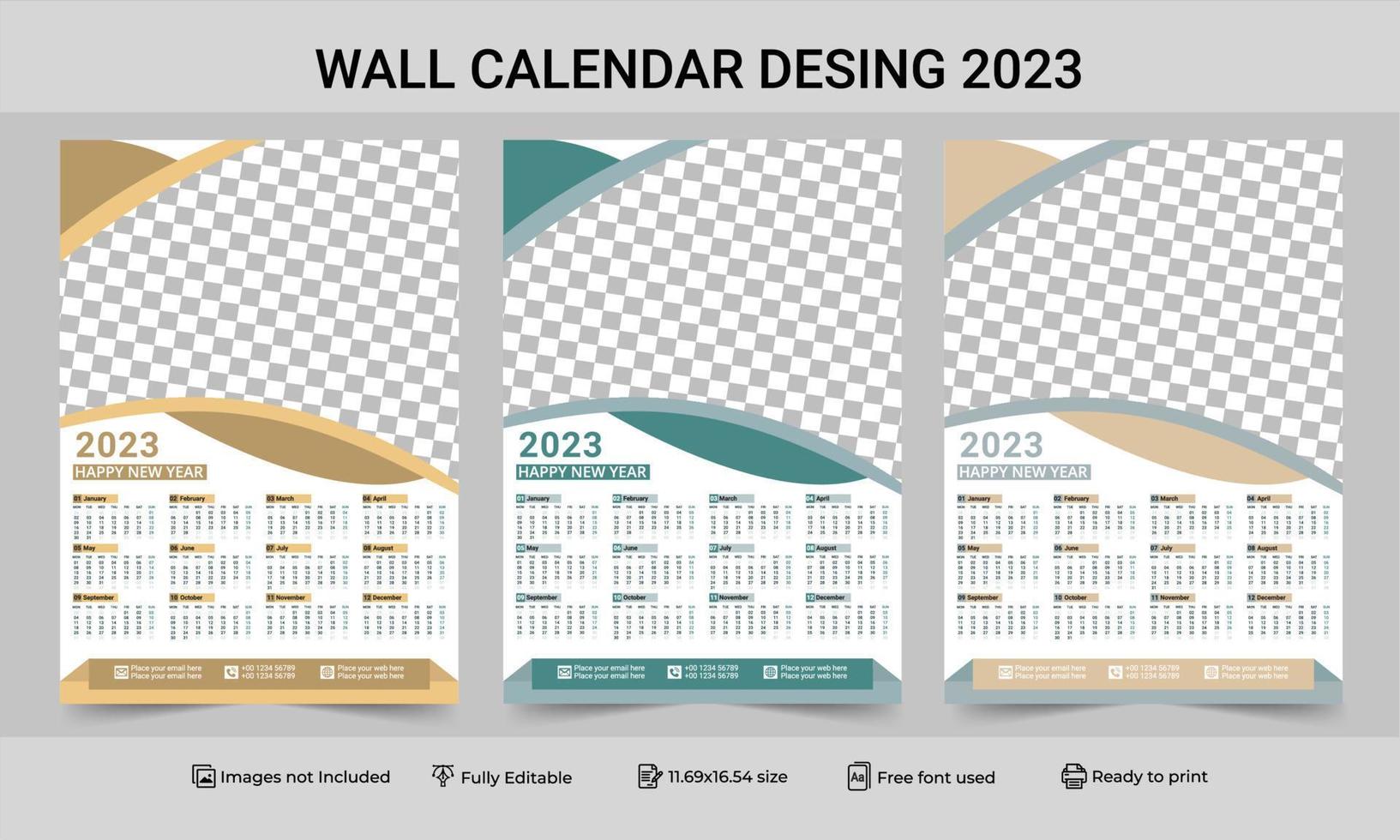 1 Seite Wandkalender 2023 Vorlage mit 3 Farbvariationen. Drucken Sie eine Seite Wandkalender-Vorlagendesign für 2023. 2023-Kalenderjahr-Vektorillustration. einseitiger Wandkalender 2023 vektor