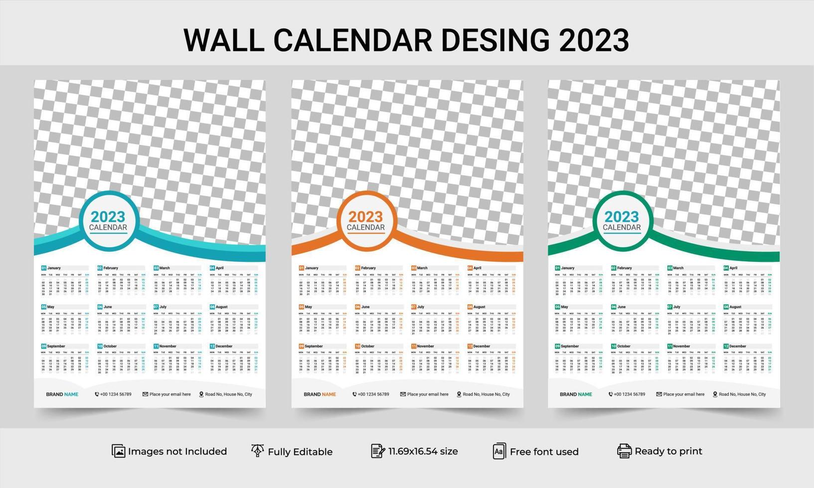 1 Seite Wandkalender 2023 Vorlage mit 3 Farbvariationen. Drucken Sie eine Seite Wandkalender-Vorlagendesign für 2023. 2023-Kalenderjahr-Vektorillustration. einseitiger Wandkalender 2023 vektor