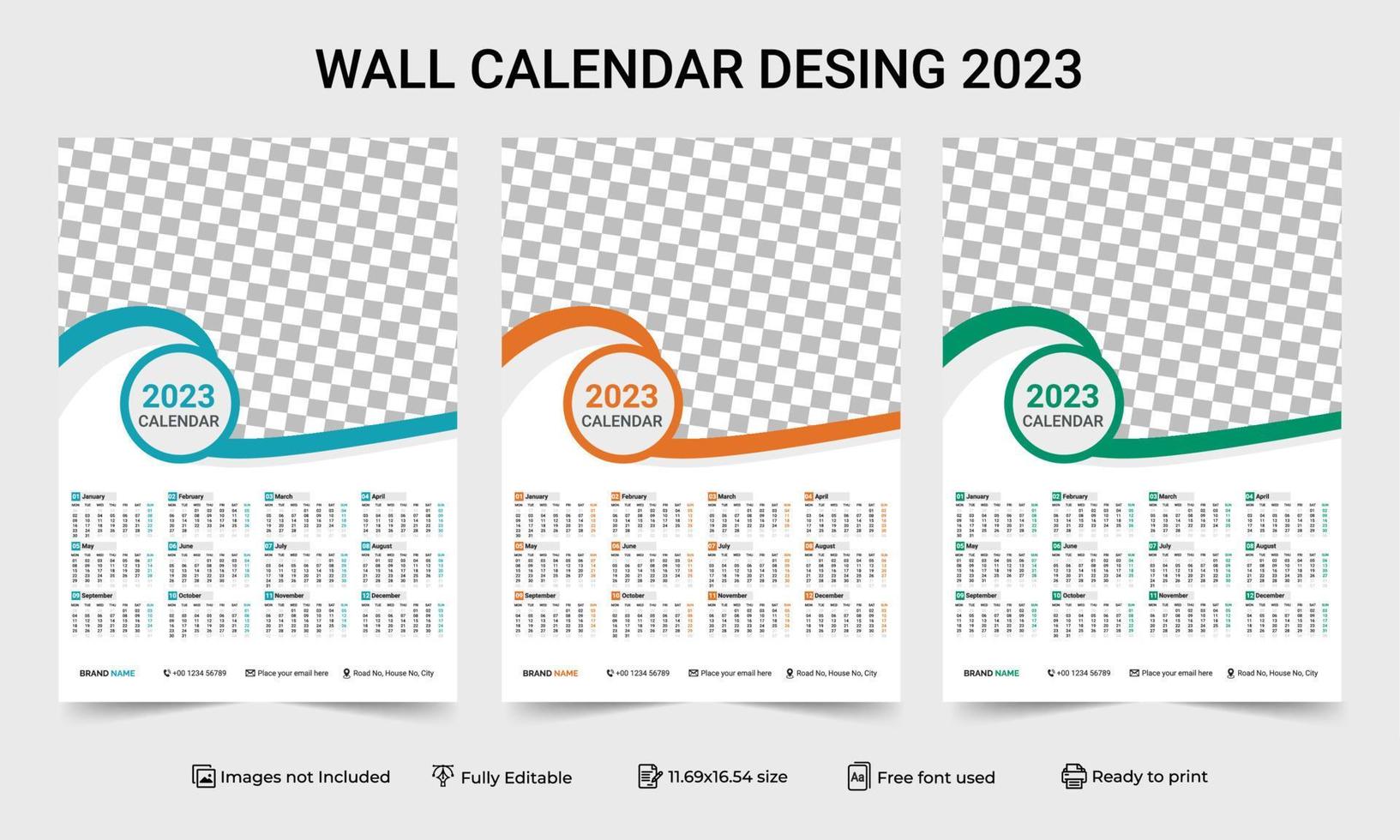 1 sida vägg kalender 2023 mall med 3 Färg variation design. skriva ut redo ett sida vägg kalender mall design för 2023. 2023 kalender år vektor illustration. ett sida vägg kalender 2023