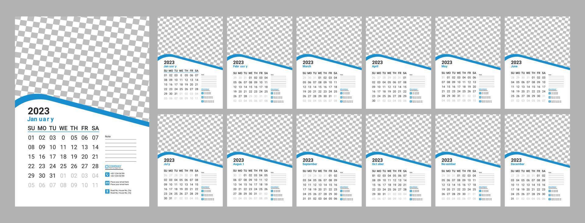 Wandkalender Design 2023. Monatskalender 2023. 12 Monate. bearbeitbare Kalenderseitenvorlage vektor