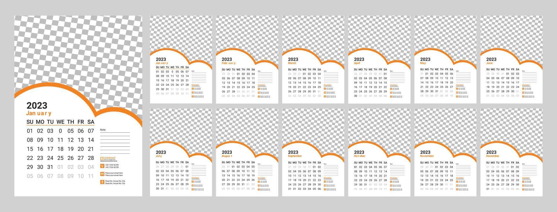 Wandkalender Design 2023. Monatskalender 2023. 12 Monate. bearbeitbare Kalenderseitenvorlage vektor