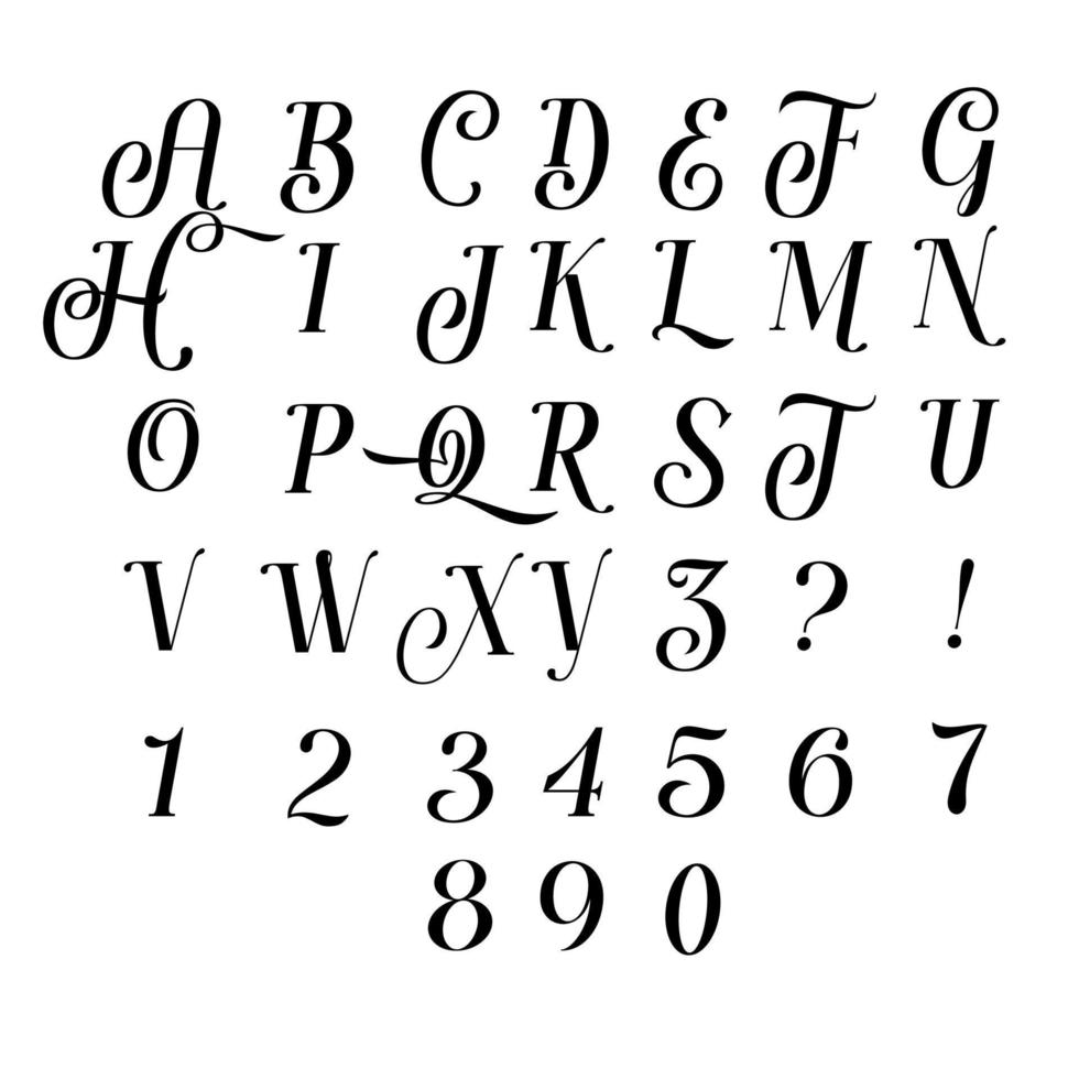 engelsk klassisk handskriven alfabet silhuett med tal. vektor illustration
