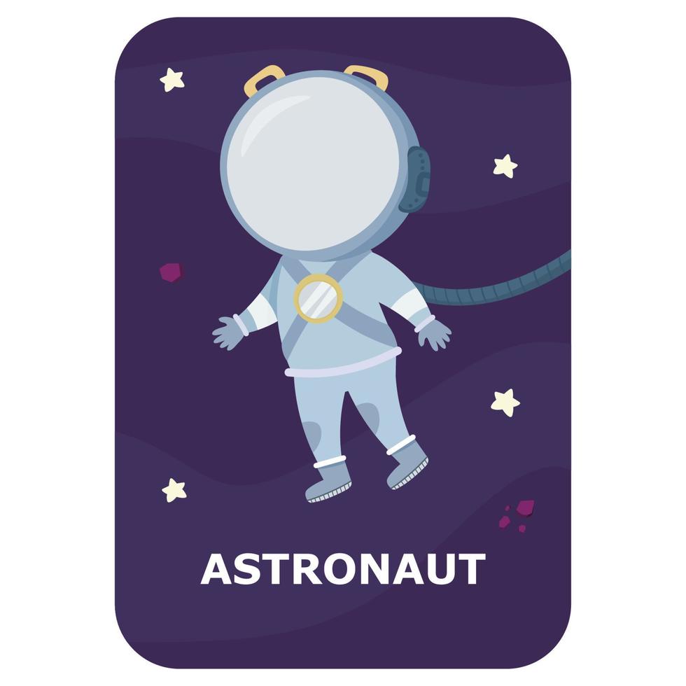 Astronaut. Vektorraum-Flash-Karte. englisches Sprachspiel mit süßem Astronauten, Rakete, Planeten, Kometen, Außerirdischen für Kinder. Astronomie-Karteikarten mit lustigen Charakteren. druckbares Arbeitsblatt. vektor