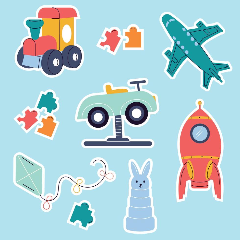 ein Satz Aufkleber für Kinderspielzeug. Auto, Flugzeug, Dampfzug, Hase, Puzzle vektor